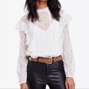 Free People Goldie Lace Long Sleeve Bodysuit High Neck Ruffles Victorian Style